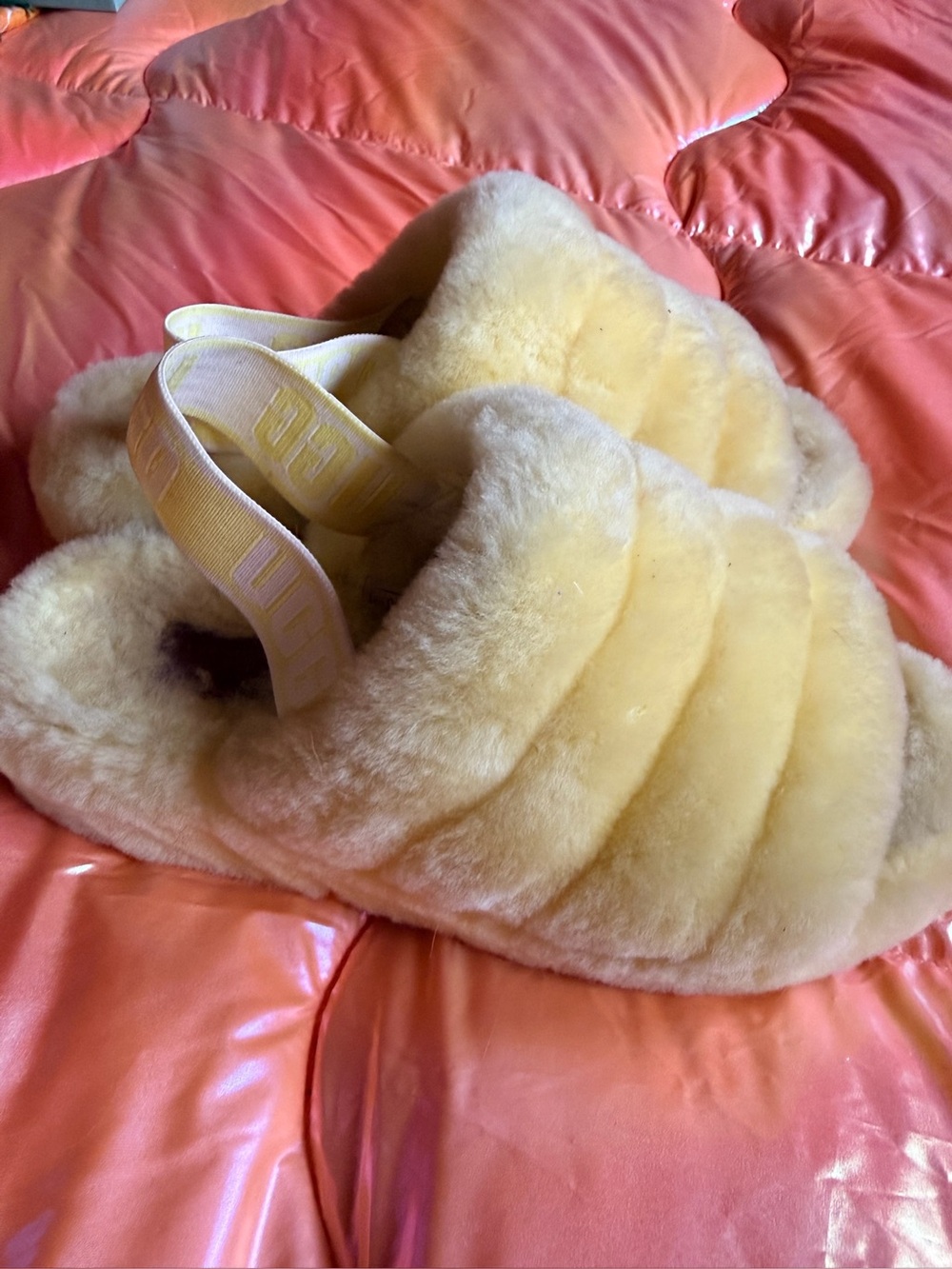 UGG Yellow Plush Slide Sandals with Logo Strap